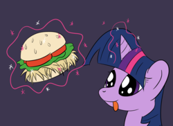 Size: 1760x1280 | Tagged: safe, artist:phat_guy, derpibooru exclusive, twilight sparkle, alicorn, pony, g4, :p, burger, bust, female, food, glowing horn, hay burger, horn, levitation, looking at something, magic, mare, portrait, purple background, silly, simple background, smiling, solo, telekinesis, that pony sure does love burgers, tongue out, twilight burgkle