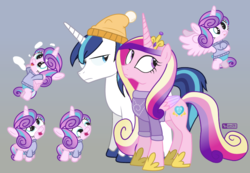 Size: 750x520 | Tagged: safe, artist:dm29, derpibooru exclusive, princess cadance, princess flurry heart, shining armor, alicorn, pony, unicorn, g4, :t, beanie, clothes, cross-eyed, cute, flurrybetes, flying, frown, gradient background, hat, lidded eyes, looking away, looking back, looking down, looking up, male, open mouth, smiling, snow, spread wings, stallion, sweater, throwing, unamused, wings
