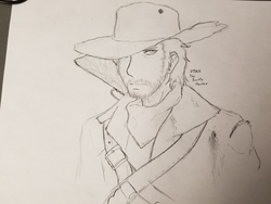 Size: 4032x3024 | Tagged: safe, artist:dj-black-n-white, oc, oc only, oc:utah, satyr, cowboy, cowboy hat, duster, gun, hat, offspring, parent:applejack, rifle, weapon