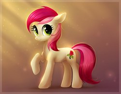 Size: 1000x770 | Tagged: safe, artist:scheadar, roseluck, earth pony, pony, g4, commissioner:doom9454, crepuscular rays, cute, female, looking at you, mare, raised hoof, simple background, smiling, solo, unshorn fetlocks