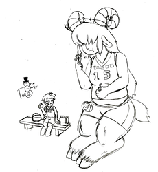 Size: 1346x1466 | Tagged: safe, artist:oneovertwo, oc, oc only, oc:ariana, oc:lola seed, satyr, basketball, clothes, eating, food, jersey, juice, juice box, offspring, parent:arimaspi, parent:babs seed, sandwich, size difference, sports, traditional art