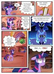 Size: 850x1150 | Tagged: safe, artist:leffenkitty, nightmare moon, princess luna, twilight sparkle, pony, comic:prospect of tranquility, g4, book, comic, golden oaks library