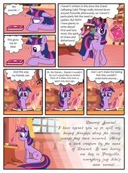 Size: 850x1150 | Tagged: safe, artist:leffenkitty, twilight sparkle, pony, comic:prospect of tranquility, g4, comic, golden oaks library, magic, telekinesis