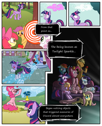 Size: 1250x1550 | Tagged: safe, artist:leffenkitty, apple bloom, applejack, fluttershy, lotus blossom, pinkie pie, rainbow dash, rarity, scootaloo, sweetie belle, twilight sparkle, earth pony, pony, comic:prospect of tranquility, g4, chocolate, chocolate milk, comic, cutie mark crusaders, mane six, milk