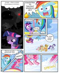 Size: 1250x1550 | Tagged: safe, artist:leffenkitty, applejack, discord, fluttershy, pinkie pie, rainbow dash, rarity, twilight sparkle, pony, comic:prospect of tranquility, g4, cloudsdale, comic, hot air balloon, mane six, twinkling balloon