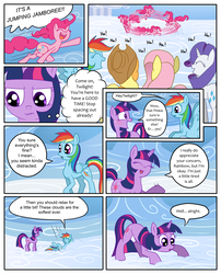 Size: 1250x1550 | Tagged: safe, artist:leffenkitty, applejack, fluttershy, pinkie pie, rainbow dash, rarity, twilight sparkle, pony, comic:prospect of tranquility, g4, cloudsdale, comic, mane six