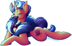 Size: 1513x973 | Tagged: safe, artist:razinoats, dandy grandeur, pony, unicorn, g4, bedroom eyes, bowtie, facial hair, hat, horn, lying down, male, moustache, prone, simple background, solo, stallion, top hat, transparent background