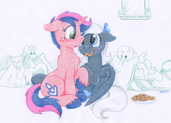 Size: 2512x1800 | Tagged: safe, artist:foxxy-arts, fluttershy, twilight sparkle, oc, alicorn, pony, g4, cookie, food, pillow, plushie, traditional art, twilight sparkle (alicorn)