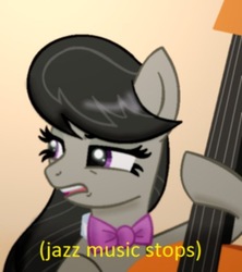 Size: 505x568 | Tagged: safe, octavia melody, earth pony, pony, g4, bowtie, cello, disgusted, female, image macro, jazz music stops, mare, meme, musical instrument, parody, ponified meme, reaction image, solo