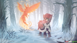 Size: 1200x675 | Tagged: safe, artist:redchetgreen, oc, oc only, bat pony, owl, phoenix, boots, clothes, forest, shoes, snow, winter outfit