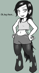 Size: 482x901 | Tagged: safe, artist:dj-black-n-white, oc, oc only, oc:mistake, satyr, belly button, child bearing hips, implied anon, midriff, offspring, parent:queen chrysalis, wide hips