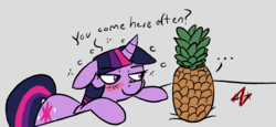 Size: 1280x588 | Tagged: safe, artist:heretichesh, twilight sparkle, pony, unicorn, g4, bedroom eyes, blushing, dialogue, drunk, drunk twilight, female, flirting, floppy ears, food, mare, pineapple, smiling, solo, this will end in pain, unicorn twilight