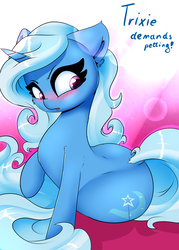 Size: 1500x2100 | Tagged: safe, artist:madacon, trixie, pony, unicorn, g4, adorasexy, backbend, blushing, cute, dialogue, diatrixes, dock, female, looking back, mare, raised hoof, sexy, solo, the great and powerful ass, third person
