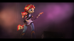 Size: 9600x5400 | Tagged: safe, artist:imafutureguitarhero, sunset shimmer, unicorn, anthro, unguligrade anthro, g4, 3d, absurd resolution, alternate hairstyle, amplifier, black bars, boots, cable, cheek fluff, chin fluff, clothes, detailed eyes, detailed hair, dress, ear fluff, ear piercing, earring, electric guitar, equestria girls outfit, female, fender stratocaster, film grain, fog, guitar, guitar amp, guitar cabinet, jacket, jeans, jewelry, leather jacket, letterboxing, light show, monitor, motion blur, musical instrument, neck fluff, nose wrinkle, open mouth, paintover, pants, piercing, playing instrument, ring, rock (music), shoes, signature, smoke, solo, source filmmaker, stage, stratocaster, sunset shredder, sweat, wall of tags, wallpaper, widescreen, windswept hair, windswept mane, windswept tail