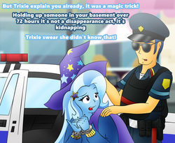 Size: 2588x2124 | Tagged: safe, artist:poseidonathenea, officer pootang mang, trixie, equestria girls, g4, arrested, body armor, cape, car, clothes, cuffs, duo, grammar error, hat, high res, implied kidnapping, kurt marshall, peaked cap, police car, police officer, recolor, trixie's cape, trixie's hat