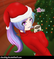 Size: 924x1000 | Tagged: safe, alternate version, artist:clouddg, princess celestia, principal celestia, equestria girls, g4, breasts, busty princess celestia, chocolate, christmas, christmas tree, clothes, cup, female, hat, holiday, hot chocolate, human coloration, multiple variants, santa hat, solo, tree
