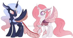 Size: 1732x905 | Tagged: safe, artist:ipandacakes, oc, oc only, oc:cycnia roselight, oc:diaphora moonglow, changedling, changeling, changepony, hybrid, female, offspring, parent:pharynx, parent:princess celestia, parent:princess luna, parent:thorax, parents:lunarynx, parents:thoralestia, simple background, transparent background