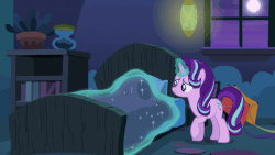 Size: 806x454 | Tagged: safe, screencap, starlight glimmer, pony, unicorn, g4, season 6, to where and back again, angry, animated, bed, blanket, displeased, female, glowing horn, horn, hourglass, kite, lantern, levitation, magic, magic aura, mare, moon, night, pillow, solo, starlight glimmer is not amused, starlight's room, telekinesis, that pony sure does love kites, unamused, unicorn master race, window