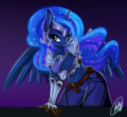 Size: 938x861 | Tagged: safe, artist:xxmarkingxx, princess luna, alicorn, anthro, g4, armor, bedroom eyes, belly button, breasts, busty princess luna, clothes, ethereal mane, female, looking at you, mare, sexy, simple background, smiling, smiling at you, solo, stupid sexy princess luna, unconvincing armor