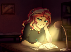 Size: 946x689 | Tagged: safe, artist:miamaha, sunset shimmer, equestria girls, g4, bed, bedroom, clothes, female, implied twilight sparkle, lamp, room, smiling, solo, story in the source, writing