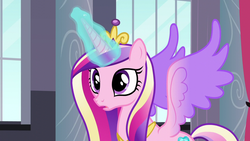 Size: 1280x720 | Tagged: safe, screencap, princess cadance, alicorn, pony, g4, princess spike, colored wings, crown, female, gradient wings, jewelry, magic, mare, multicolored wings, regalia, solo, spread wings, tiara, wings