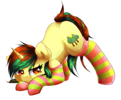 Size: 1113x922 | Tagged: safe, artist:agletka, oc, oc only, oc:northern spring, pony, unicorn, clothes, face down ass up, female, simple background, socks, solo, striped socks, transparent background, ych result