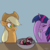 Size: 1000x1000 | Tagged: safe, artist:hardbrony, applejack, twilight sparkle, earth pony, pony, g4, bowl, cowboy hat, duo, facepalm, female, food, hat, mare, no pupils, plum, stetson