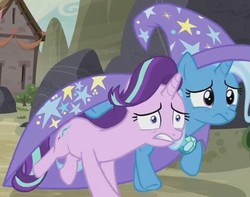 Size: 477x375 | Tagged: safe, screencap, starlight glimmer, trixie, pony, unicorn, g4, to where and back again, cape, clothes, cropped, duo, female, hat, mare, running away, trixie's cape, trixie's hat