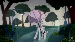 Size: 3840x2160 | Tagged: safe, artist:dashy21, fleur-de-lis, pony, g4, bench, female, high res, rain, solo, streetlight, tree, umbrella