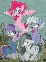 Size: 768x1024 | Tagged: safe, artist:sue, limestone pie, marble pie, maud pie, pinkie pie, earth pony, pony, g4, blushing, female, mare, pie sisters, rock farm, siblings, sisters, smiling