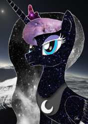 Size: 3508x4961 | Tagged: safe, artist:calveen, princess luna, alicorn, pony, g4, absurd resolution, digitized, female, galaxy, moon, outline, shadow, solo, space, standing