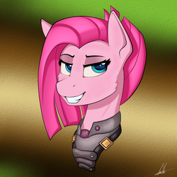 Size: 3088x3088 | Tagged: safe, artist:hgdsn-the-brony, pinkie pie, g4, apinkalypse pie, armor, bust, crystal war timeline, high res, pinkamena diane pie, simple background, smiling