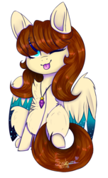Size: 559x920 | Tagged: safe, artist:ohsushime, oc, oc only, oc:galaxy jessie, pegasus, pony, female, mare, one eye closed, simple background, sitting, solo, tongue out, transparent background, wink