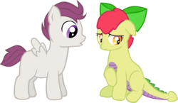 Size: 2230x1295 | Tagged: safe, artist:ludiculouspegasus, oc, oc only, oc:apple spice, oc:lightning, dracony, hybrid, blank flank, bow, colt, duo, interspecies offspring, male, offspring, parent:apple bloom, parent:rumble, parent:scootaloo, parent:spike, parents:rumbloo, parents:spikebloom, shy, simple background, transparent background