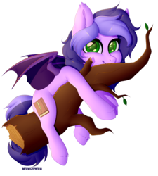 Size: 2000x2225 | Tagged: safe, alternate version, artist:meowcephei, oc, oc only, oc:midnight reverie, bat pony, bat pony oc, cute, high res, log, simple background, solo, transparent background, tree branch, ych result