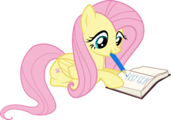 Size: 7503x5291 | Tagged: safe, artist:causenpc, fluttershy, pegasus, pony, filli vanilli, g4, absurd resolution, book, colored pencil drawing, female, journal, mare, mouth hold, simple background, traditional art, transparent background, vector