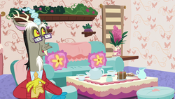Size: 1280x720 | Tagged: safe, screencap, discord, draconequus, discordant harmony, g4, clothes, couch, cup, cushion, cute, discord's house, discute, glasses, male, solo, sweater, teacup, teapot