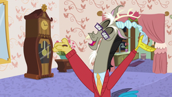 Size: 1280x720 | Tagged: safe, screencap, discord, draconequus, discordant harmony, g4, clock, clothes, curtains, cute, discord's house, discute, eyes closed, glasses, grandfather clock, male, mirror, open mouth, smiling, solo, sweater