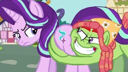 Size: 1191x670 | Tagged: safe, artist:ktd1993, starlight glimmer, tree hugger, pony, unicorn, g4, big grin, butt, butthug, duo, faceful of ass, female, grin, horn, hug, lesbian, mare, plot, ship:starhugger, smiling