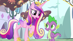 Size: 1280x720 | Tagged: safe, screencap, princess cadance, spike, alicorn, dragon, pony, g4, princess spike, colored wings, concave belly, crown, dragonsneeze, duo, female, gradient wings, hoof shoes, jewelry, male, mare, open mouth, peytral, princess shoes, quadrupedal, raised hoof, regalia, slender, standing, thin