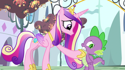 Size: 1280x720 | Tagged: safe, screencap, princess cadance, spike, alicorn, dragon, pony, g4, princess spike, colored wings, dragonsneeze, duo, female, gradient wings, male, mare