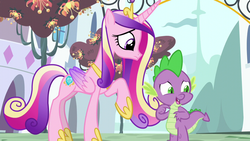 Size: 1280x720 | Tagged: safe, screencap, princess cadance, spike, alicorn, dragon, pony, g4, princess spike, colored wings, concave belly, crown, dragonsneeze, duo, female, gradient wings, hoof shoes, jewelry, male, mare, peytral, princess shoes, quadrupedal, raised hoof, regalia, slender, standing, thin