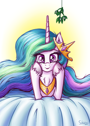 Size: 1032x1451 | Tagged: safe, artist:skorpionletun, princess celestia, alicorn, pony, g4, :i, bed, chest fluff, crown, cute, cutelestia, ear fluff, ethereal mane, ethereal tail, female, flowing mane, flowing tail, gradient background, hair, hooves on cheeks, horn, jewelry, leaning, looking at you, mare, messy mane, mistletoe, multicolored mane, multicolored tail, necklace, peytral, praise the sun, prone, purple eyes, regalia, royalty, smiling, solo, squishy cheeks, unshorn fetlocks