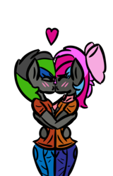 Size: 1799x2813 | Tagged: safe, artist:binary6, oc, oc only, oc:electric clover, anthro, blushing, bow, clothes, cute, dark grey coat, digital art, female, glasses, heart, hug, kissing, love, male, oc x oc, scarf, shipping, simple background, straight, trans female, transgender, transparent background