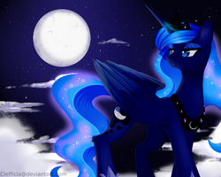 Size: 1250x1001 | Tagged: safe, artist:clefficia, princess luna, alicorn, pony, g4, cloud, female, full moon, looking back, moon, night, solo
