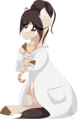 Size: 1160x1812 | Tagged: safe, artist:mauuwde, oc, oc only, oc:maude, cat, earth pony, pony, alternate hairstyle, clothes, female, lab coat, mare, simple background, sitting, solo, transparent background