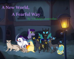 Size: 1250x1000 | Tagged: safe, artist:votederpycausemufins, oc, absol, bat pony, changeling, dunsparce, linoone, quilava, umbreon, zigzagoon, fanfic:a new world a fearful way, bat pony oc, crossover, fanfic, fanfic art, fanfic cover, lamppost, pokémon