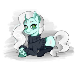 Size: 1250x1152 | Tagged: safe, artist:seishinann, oc, oc only, oc:essay, pony, unicorn, clothes, dock, female, looking at you, mare, signature, simple background, smiling, socks, solo, sweater, unshorn fetlocks, white background