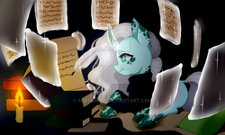 Size: 1024x614 | Tagged: safe, artist:seishinann, oc, oc only, oc:essay, pony, unicorn, black background, book, candle, clothes, female, levitation, lying down, magic, mare, parchment, quill, simple background, solo, sweater, telekinesis, unshorn fetlocks, watermark