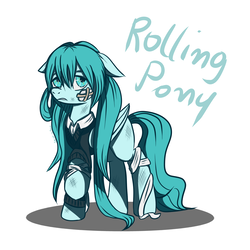 Size: 3000x3000 | Tagged: safe, artist:seishinann, pegasus, pony, bandage, female, floppy ears, hatsune miku, high res, long mane, looking at you, mare, pigtails, ponified, raised hoof, rolling girl, scuff mark, signature, simple background, solo, sweater vest, twintails, vocaloid, white background